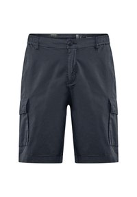 Pantaloni cargo blu navy realizzati in tessuto leggero con chiusura a bottone, due tasche laterali e due tasche cargo sulle cosce.