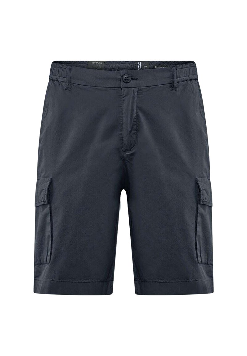 Pantaloni cargo blu navy realizzati in tessuto leggero con chiusura a bottone, due tasche laterali e due tasche cargo sulle cosce.