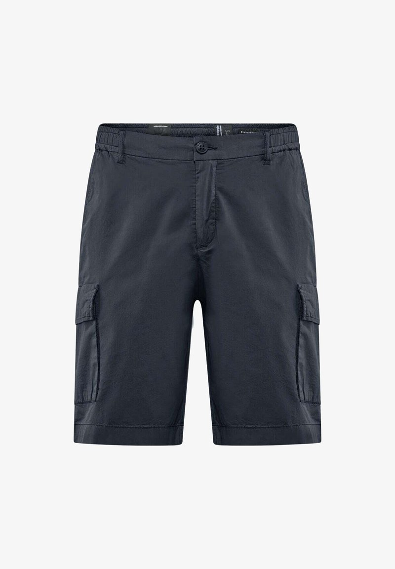 Pantaloni cargo blu navy realizzati in tessuto leggero con chiusura a bottone, due tasche laterali e due tasche cargo sulle cosce.