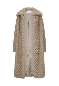 Langer beiger Pelzmantel mit Zickzackmuster, großem Kragen und Knopfverschluss, offen präsentiert, um das glatte Innenfutter zu zeigen.