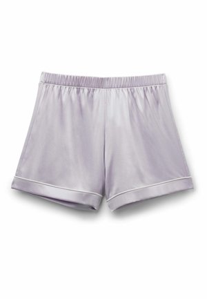 Světle fialové saténové šortky s elastickým pasem a zatočenými lemy s bílým lemováním.