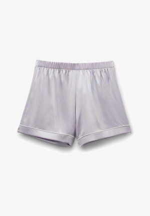 Pantalones cortos de satén color púrpura claro con cintura elástica y dobladillos doblados que presentan un detalle de ribete blanco.