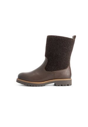 Brown leather ankle boot with a knitted dark brown felt upper and rubber sole. Features a textured finish and stitched detailing.