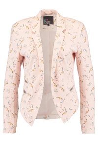 Blazer en tissu rose clair avec une finition texturée, présentant un motif floral en jaune, bleu et vert. Ouverture à l'avant avec des manches longues.