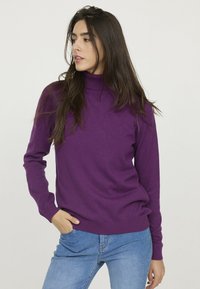 Pull à col roulé violet avec des poignets et un ourlet côtelés, en tissu tricoté doux. Associé à un jean en denim bleu clair.