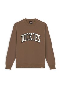 Felpa marrone con maniche lunghe, polsini a coste e scollo rotondo con la scritta "DICKIES" in grandi lettere bianche sulla parte anteriore.