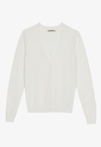 Vit stickad kofta med V-ringning, långa ärmar och knappar framtill. Mjuk textur med figurnära passform och subtil ribbad fåll.