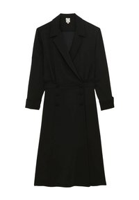 Manteau noir à manches longues, col cranté, boutons à double boutonnage et longueur mi-mollet. Tissu lisse et design ajusté.