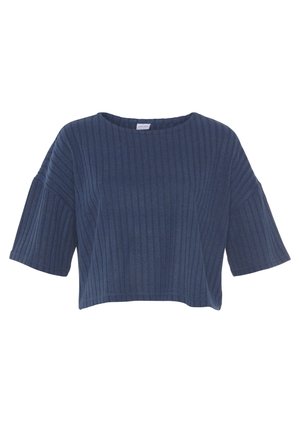 Donkerblauwe cropped top met brede korte mouwen, geribbelde textuur en een ronde halslijn. Zachte stof en een ontspannen pasvorm.