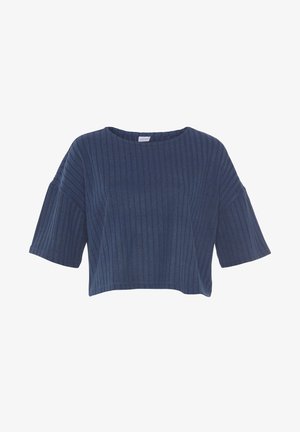 Top corto blu scuro con ampie maniche corte, texture a coste e scollatura rotonda. Tessuto morbido e vestibilità rilassata.