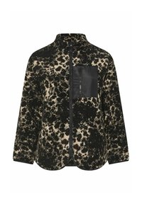 Fleecowa kurtka w czerni i kremie z nadrukiem w panterkę. Posiada zamek błyskawiczny w kieszeni na piersi oraz wysoki kołnierz dla dodatkowego ciepła.