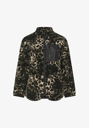 Fleecowa kurtka w czerni i kremie z nadrukiem w panterkę. Posiada zamek błyskawiczny w kieszeni na piersi oraz wysoki kołnierz dla dodatkowego ciepła.