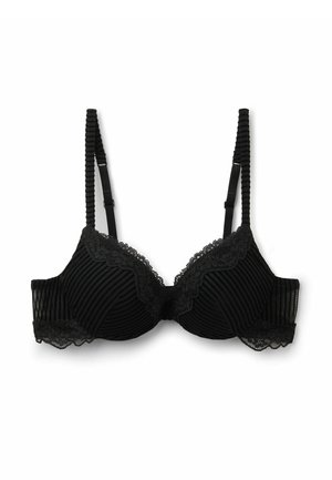 Černá podprsenka s vycpanými košíčky, žebrovanou tkaninou a jemnou krajkovou ozdobou. Nastavitelné ramínka a zapínání na háčky vzadu zajišťují pohodlí a oporu.