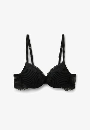 Schwarzer BH mit gepolsterten Körbchen, geripptem Stoff und zarter Spitzenverzierung. Verstellbare Träger und Verschluss mit Häkchen auf der Rückseite bieten Komfort und Halt.