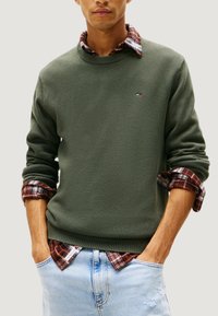 Maglione verde oliva in maglia con scollo rotondo, caratterizzato da un piccolo logo. Indossato sopra una camicia a quadri con motivo marrone e rosso. Jeans azzurri chiari.