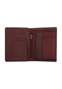 Braune Leder-Bifold-Geldbörse mit Kartenfächern, einer zentralen Reißverschlusstasche und einem Münzfach auf der rechten Seite, geprägt mit RFID-Logo.