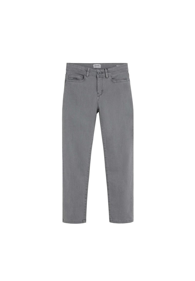 Pantalones de mezclilla gris con un diseño de pierna recta, que presentan bolsillos delanteros, un cierre de botón y una textura sutil. Minimalistas, sin patrones ni adornos.