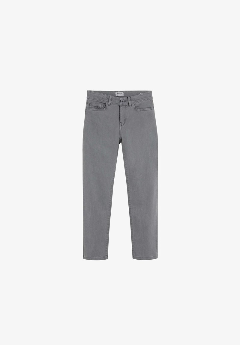 Pantaloni in denim grigio con un design a gamba dritta, dotati di tasche frontali, chiusura a pulsante e una leggera texture. Minimalisti, senza motivi o decorazioni.
