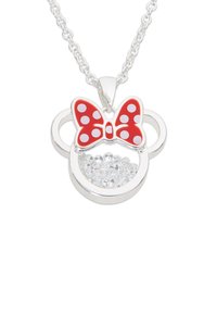 Collana d'argento con pendente circolare adornato da un fiocco a pois rossi e gemme trasparenti all'interno. Texture liscia, design giocoso.