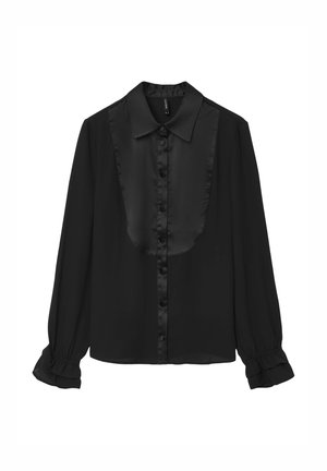 Blusa nera in satin con colletto classico, chiusura frontale con bottoni e polsini arruffati. Presenta una texture liscia e una vestibilità leggermente ampia.