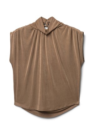 Top ample à manches courtes en tissu lisse couleur taupe. Présente un design drapé avec un col bénitier et un ourlet arrondi. Sans pièces métalliques apparentes.