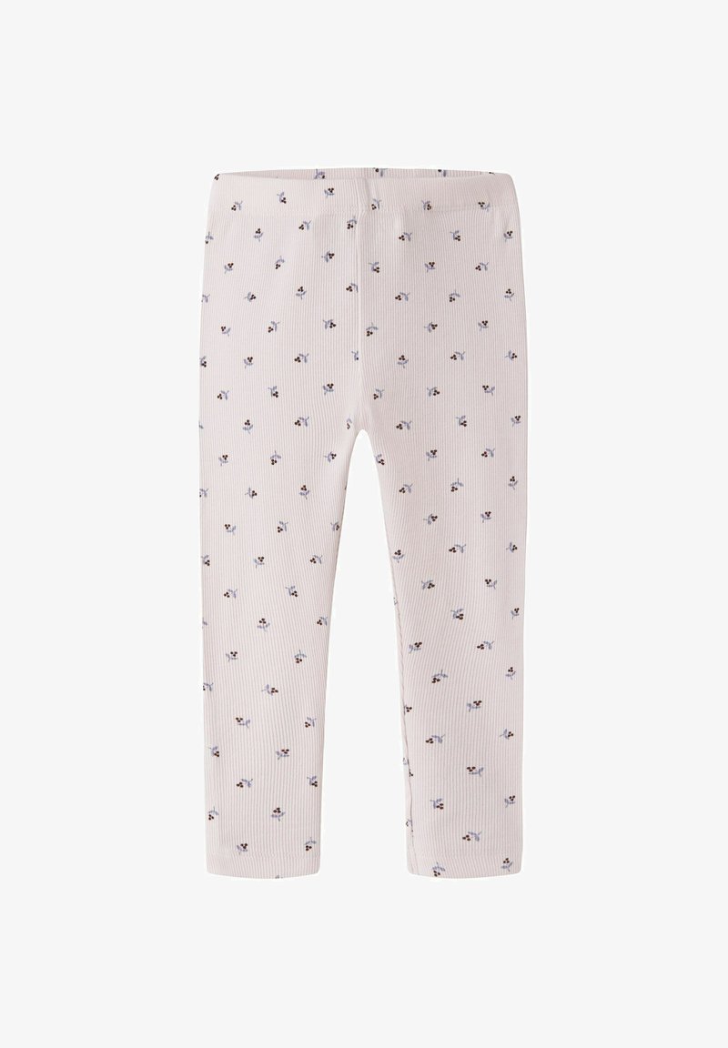 Leggings bébé côtelés rose clair avec petits imprimés floraux dispersés dans des tons bleus et marron