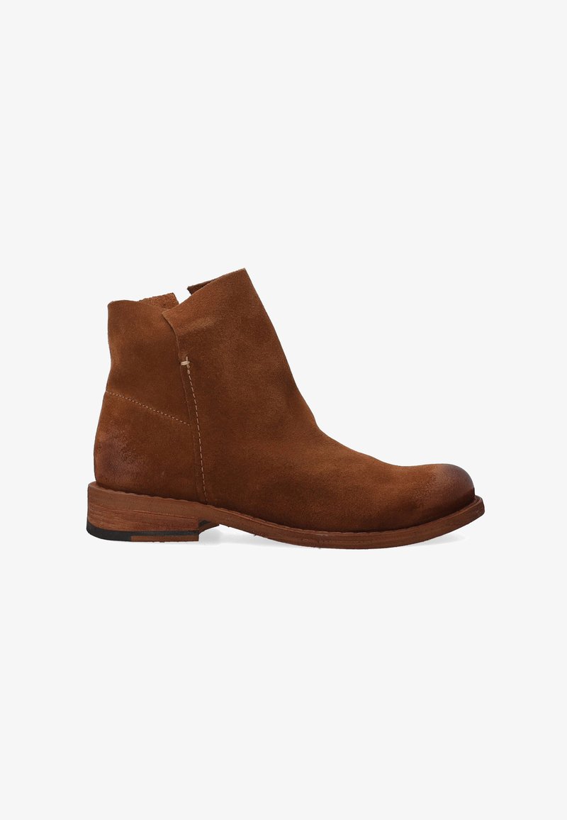 Braune Wildleder-Ankle Boots mit runder Zehenform, elastischem Seiteneinsatz und niedrigem, gestapeltem Absatz. Hat ein nahtloses Design und minimale Nähte.