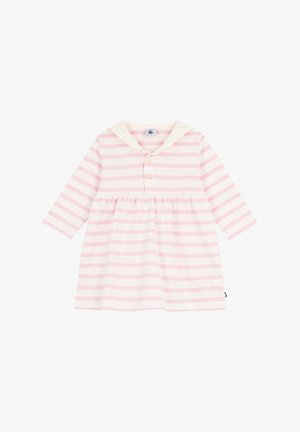 Langärmliges Kleid mit rosa-weiß gestreiftem Muster, cremefarbenem Kragen und zwei Knöpfen vorne. Mit Empire-Taille und weichem Stoff.