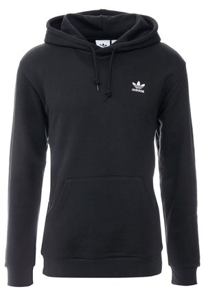 Czarna bluza z kapturem Adidas z przednią kieszenią typu kangur, regulowanym kapturem ze sznurkiem oraz białym logo Adidas na piersi.