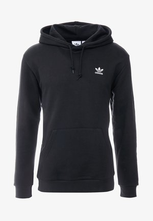 Czarna bluza z kapturem Adidas z przednią kieszenią typu kangur, regulowanym kapturem ze sznurkiem oraz białym logo Adidas na piersi.