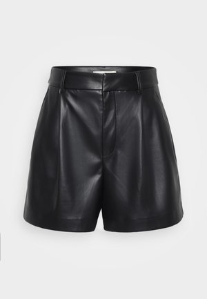 Juoda oda šortai su aukštu liemeniu, klostėmis priekyje ir šoninėmis kišenėmis. Lygi tekstūra su blizgiu paviršiumi.