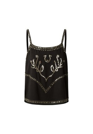 Camisola nera con spalline sottili, caratterizzata da paillettes dorate decorative in un motivo geometrico lungo il collo e l'orlo.