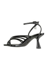 Sandal con la punta aperta nera, dal design con sottili cinturini, caratterizzato da un tacco elegante e dettagli testurizzati. Cinturino alla caviglia regolabile con accentuazione in metallo.
