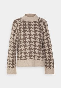 Beige Pullover im Hahnentritt-Muster mit hohem Kragen, der einen strukturierten Strick und gerippte Bündchen und Saum aufweist. Weiches Material, lässige Passform.