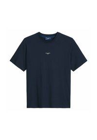 T-shirt bleu marine à manches courtes avec col rond et petit logo blanc « Marc O'Polo DENIM » centré sur la poitrine.