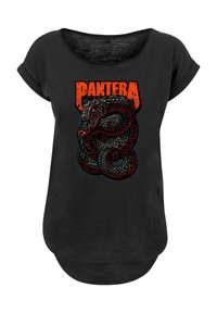 Black T-shirt with a round neck and short sleeves featuring a coiled serpent design in red and gray, with the text "PANTERA" in bold orange.