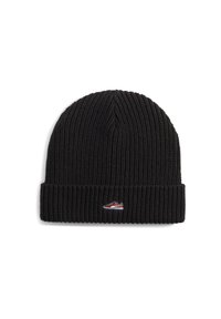 Black knitted beanie with a ribbed texture and a folded cuff. Features a small red and white sneaker embroidered on the front.