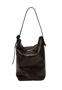 Dark brown leather handbag with a soft texture, rounded shape, single shoulder strap, and zippered top closure. Minimalist design, no patterns.