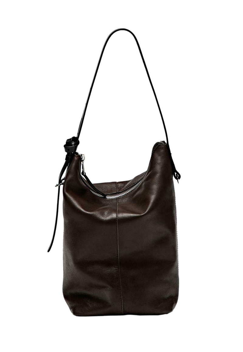 Dark brown leather handbag with a soft texture, rounded shape, single shoulder strap, and zippered top closure. Minimalist design, no patterns.