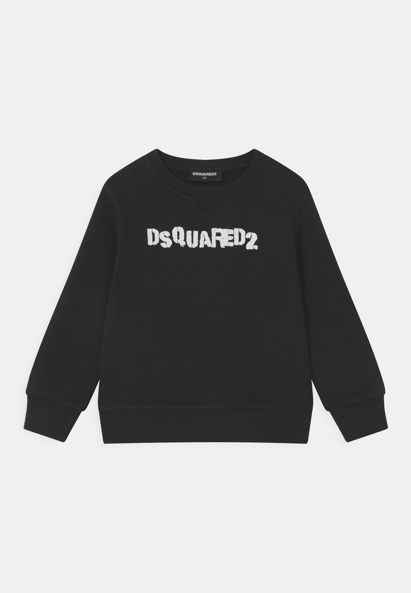 Sweat-shirt noir en mélange de coton, avec un col rond et des manches longues. Le devant présente un logo blanc vieilli, « DSQUARED2 ».