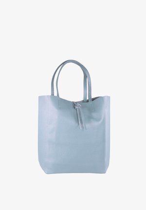 Lichtblauwe leren draagtas met twee handvatten, met een eenvoudig ontwerp, een textuurovervlakte en een striksluiting aan de bovenkant.