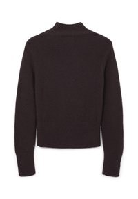 Dunkelbrauner Pullover mit hohem Kragen, langen Ärmeln und gerippten Bündchen. Weiche Textur und cropped Design, mit nahtlosem Rückenteil.