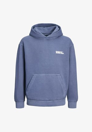 Hættetrøje i blødt blåt bomuld med frontlomme. Har ribbede manchetter og kant; "Original" logoet trykt i hvidt på brystet.