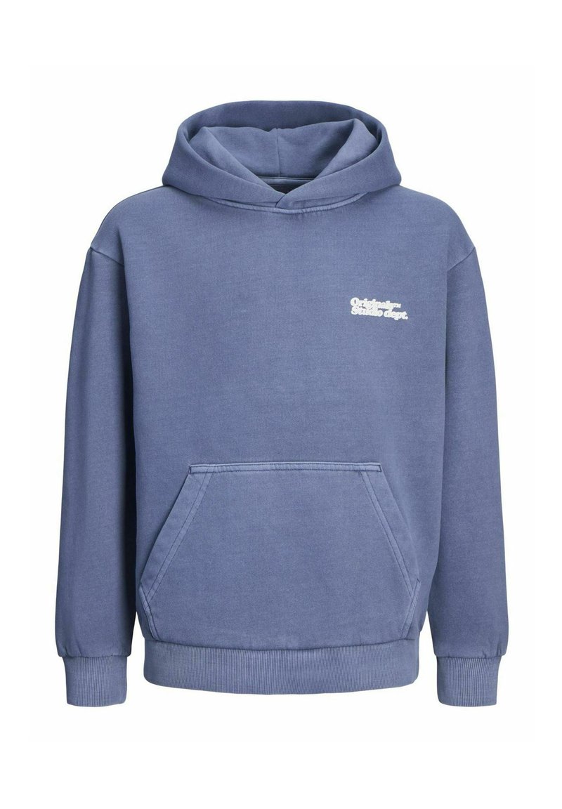 Felpa con cappuccio in morbido cotone blu chiaro con tasca frontale. Presenta polsini e orlo ribattuti; logo "Original" stampato in bianco sul petto.