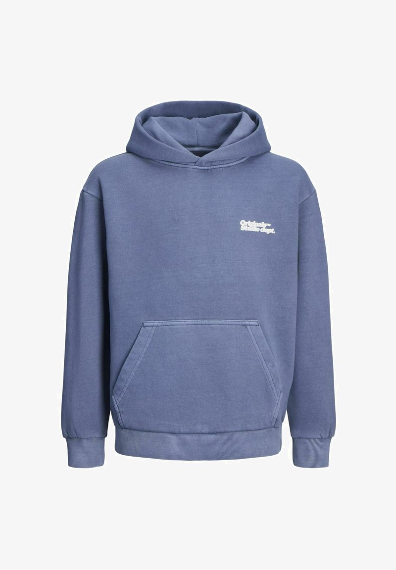 Felpa con cappuccio in morbido cotone blu chiaro con tasca frontale. Presenta polsini e orlo ribattuti; logo "Original" stampato in bianco sul petto.