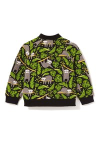 Czarna bluza z zielonym i szarym wzorem leniwca oraz liści. Żebrowany kołnierz i mankiety. Miękka tkanina z zabawnym, motywem przyrodniczym.