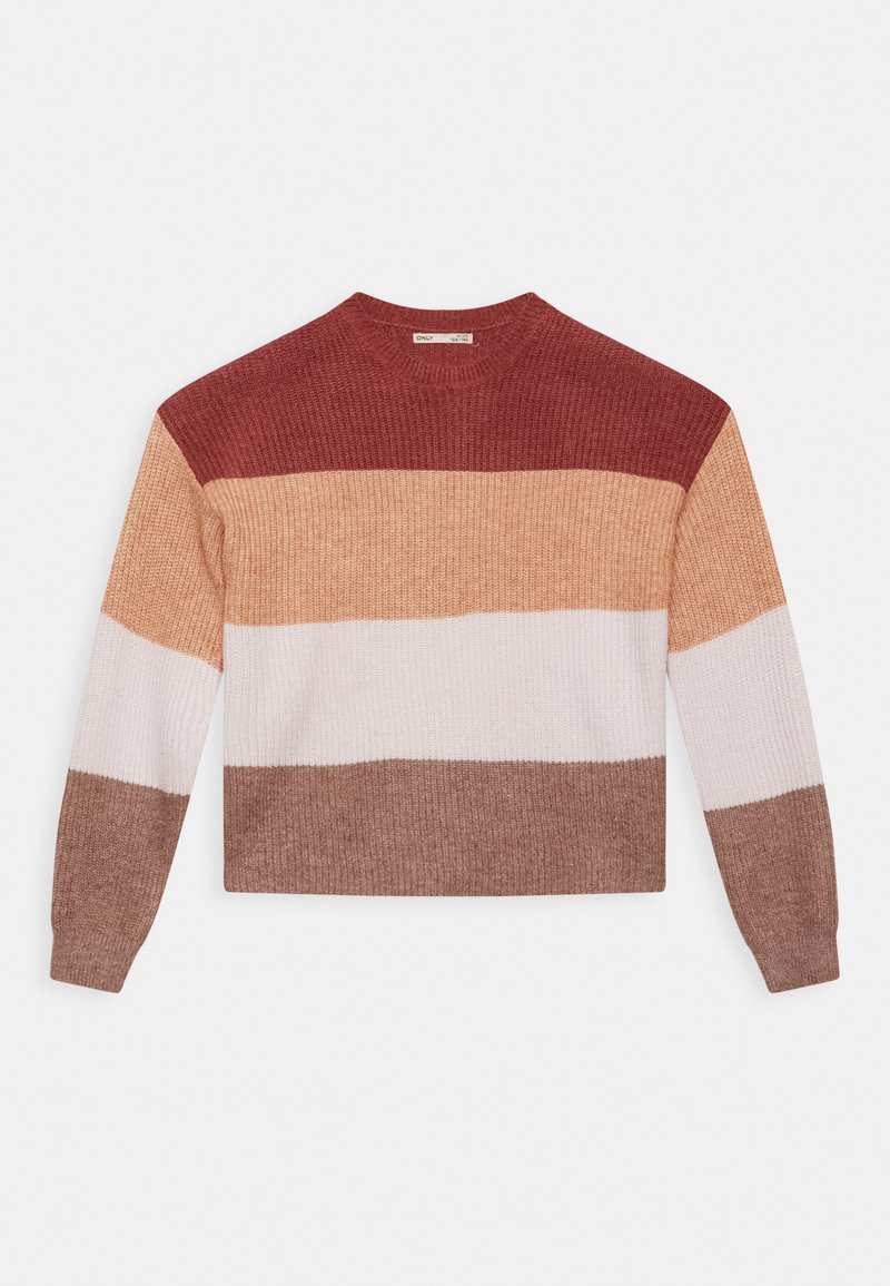 Megzta megara su šonkačių raštu, su horizontaliomis dryžiais raudonos, oranžinės, smėlinės, baltos ir rudos spalvų. Apskrito iškirpimo ir ilgos rankovės.