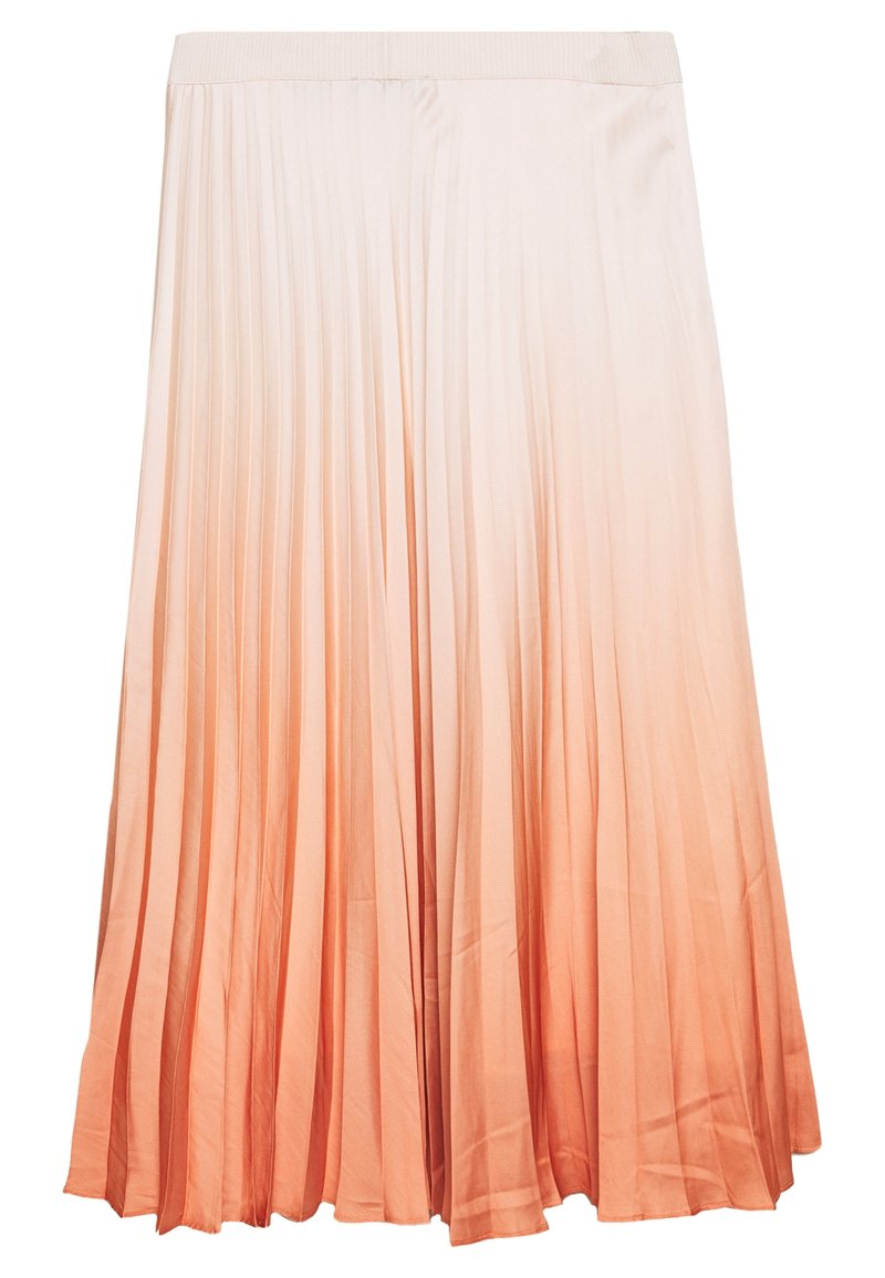 Falda midi plisada en degradado de melocotón a rosa suave, con una textura suave y cinturilla elástica para mayor comodidad.