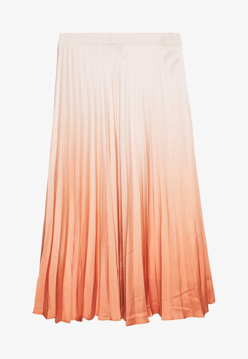Falda midi plisada en degradado de melocotón a rosa suave, con una textura suave y cinturilla elástica para mayor comodidad.