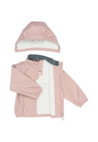 Rožinė neperšlampama striukė su pilku pūkeliu pamušalu. Yra nuimama kepurė, spaudės užsegimai ir elastingos rankogaliai, užtikrinantys gerą prigludimą.